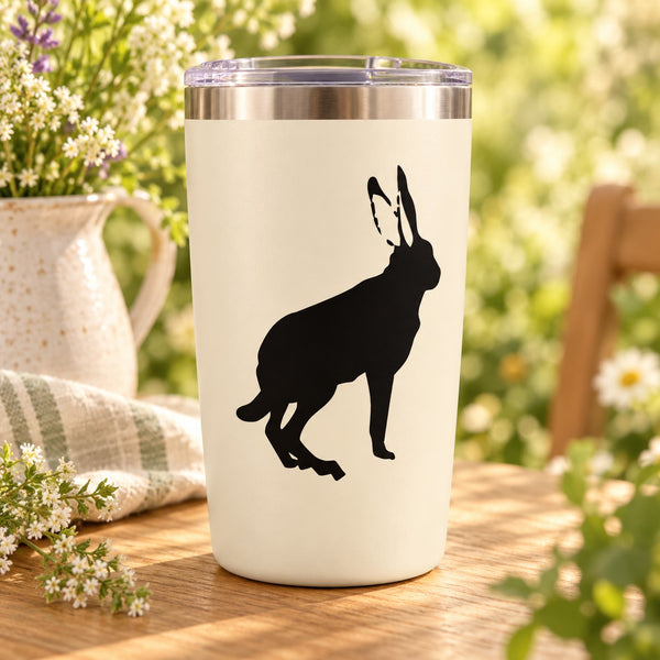Rabbit decal on a white tumbler