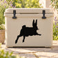 Hopping rabbit wall decal in black silhouette on a beige cooler