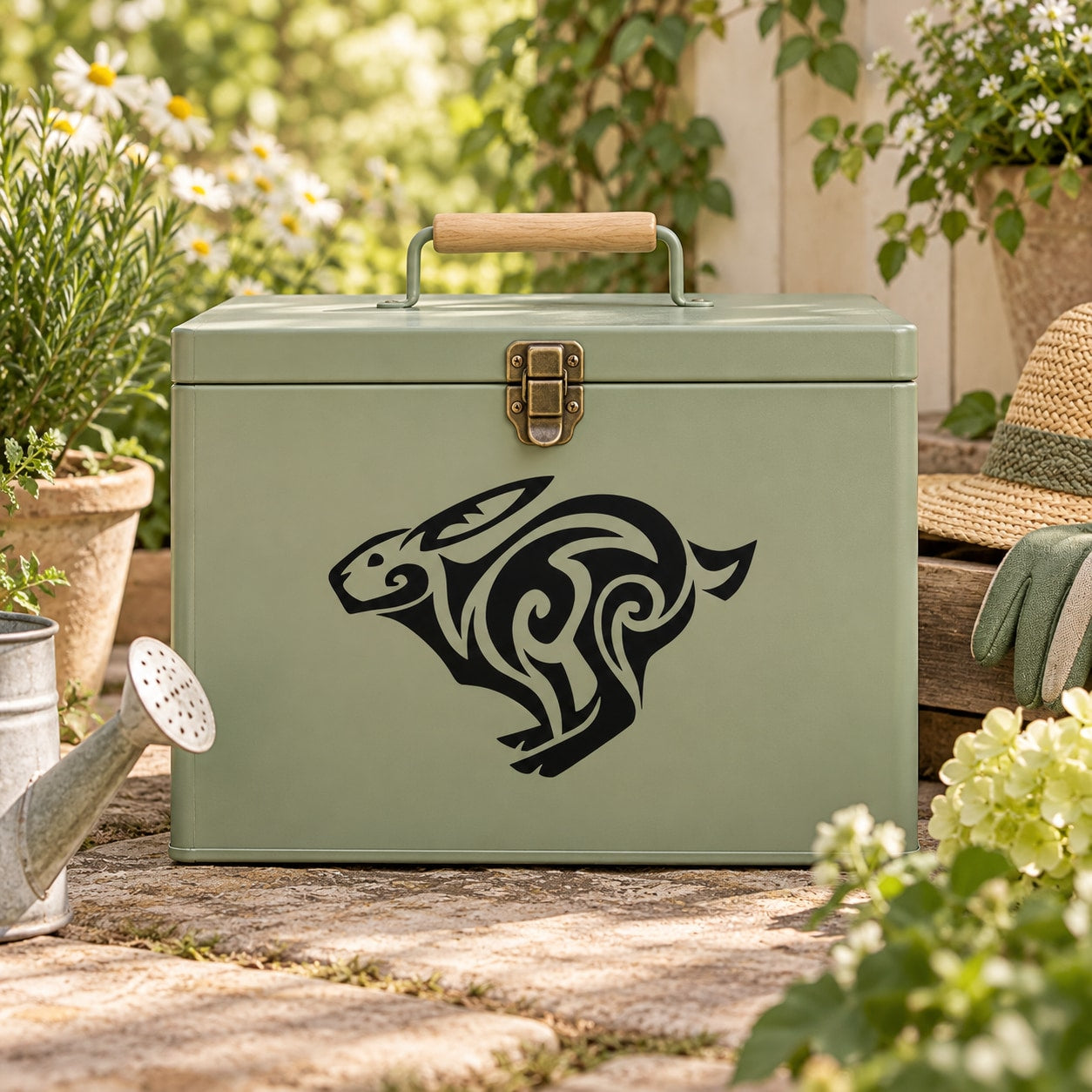 Tribal rabbit decal with black tribal rabbit head on light green surface
