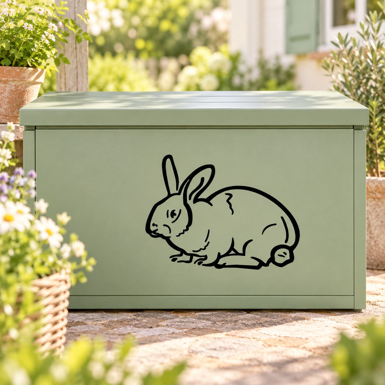 Calm rabbit wall decal, black line art of sleeping bunny on light surface