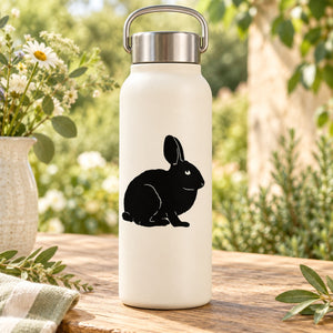 Black rabbit silhouette decal on a white bottle