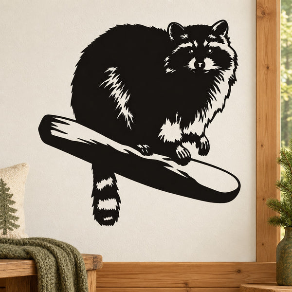 Black and white raccoon on a log wall decal