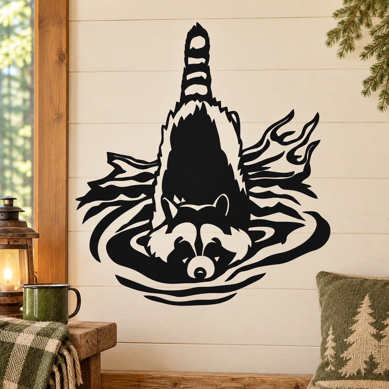 Black and white raccoon paddling in water decal