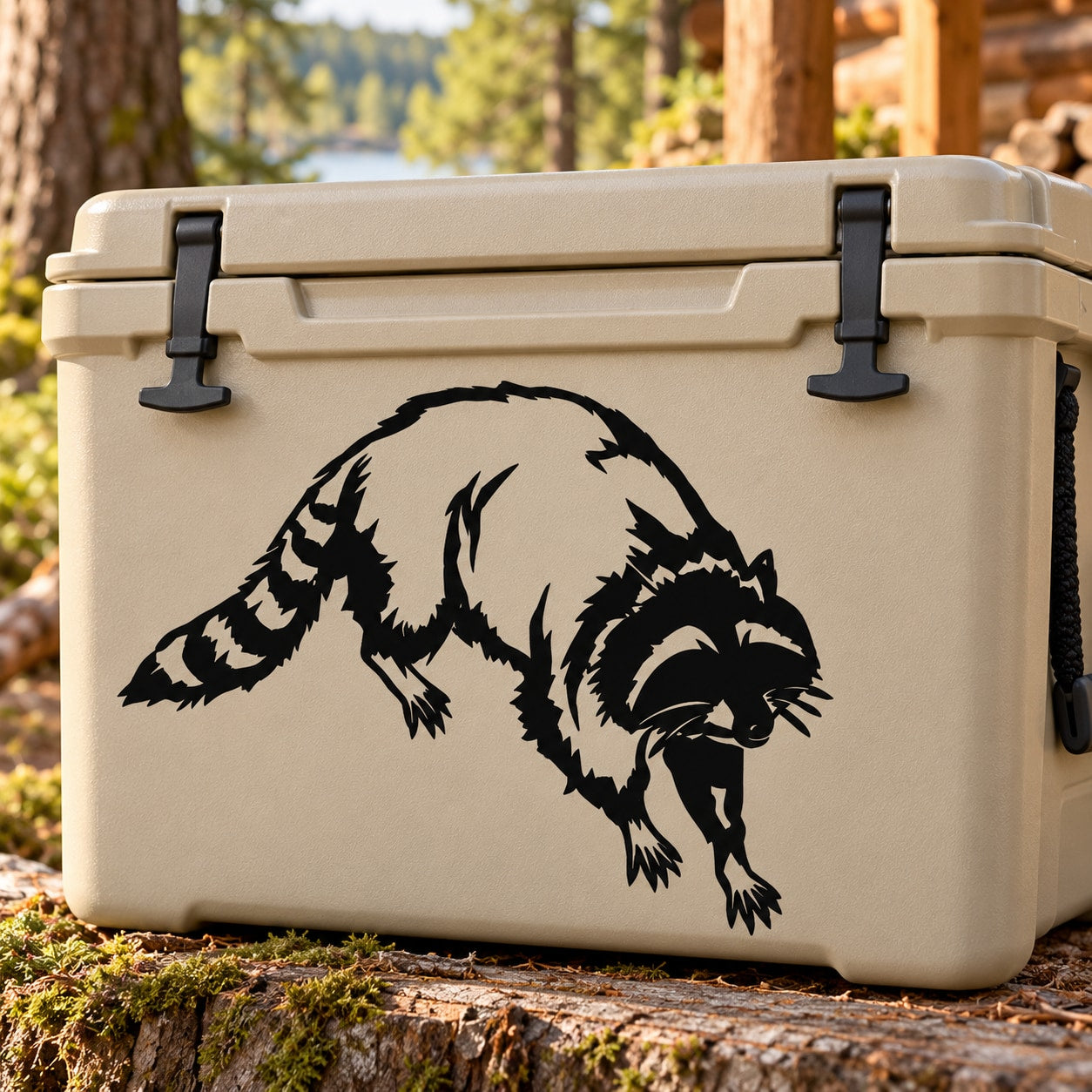 Raccoon digging decal, black and white graphic on a beige cooler