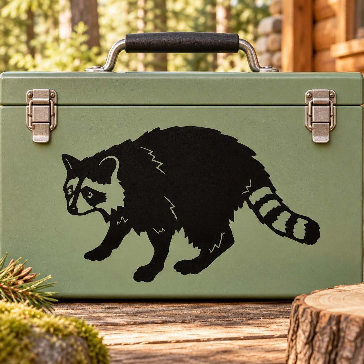 Raccoon looking decal with black silhouette on olive green surface