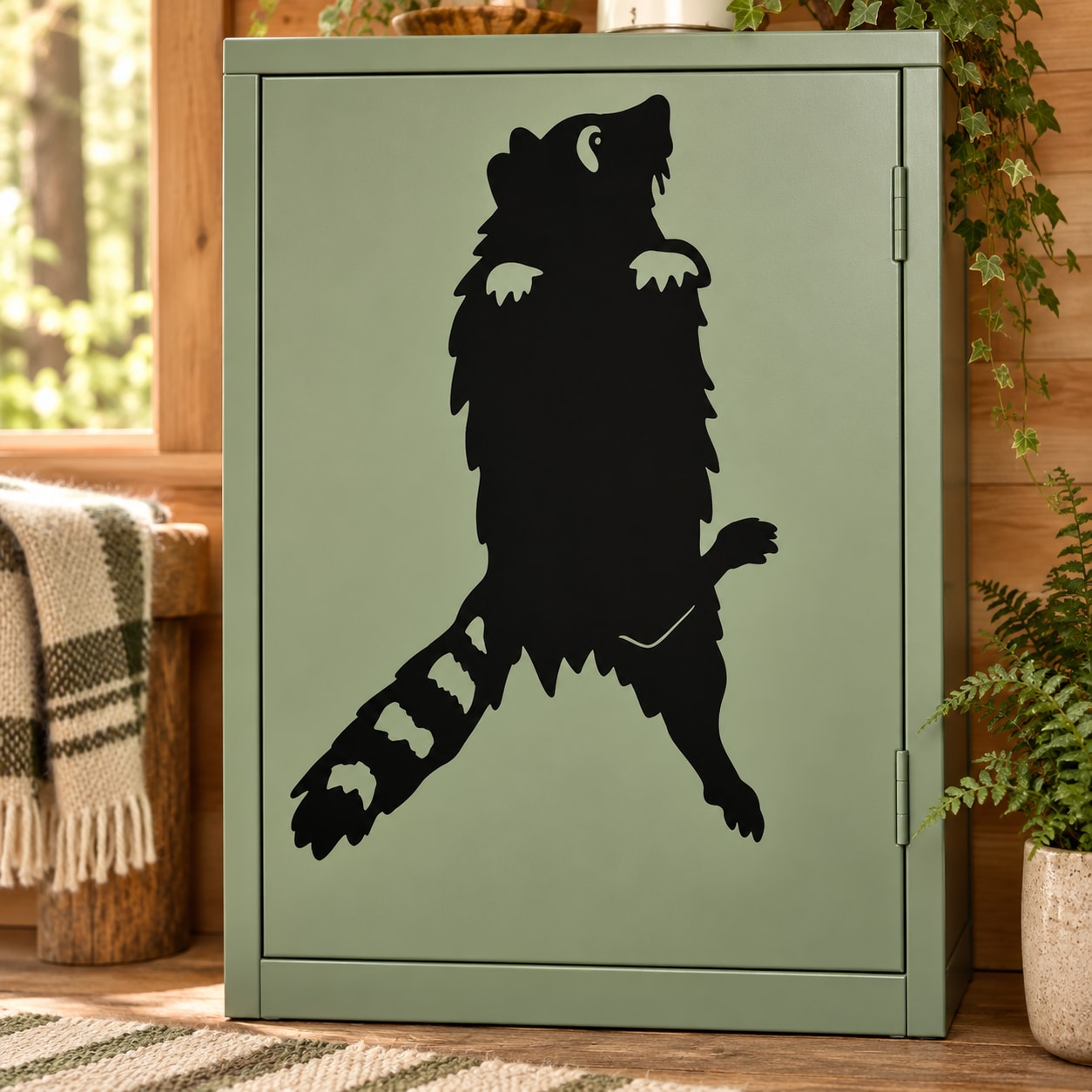 Black raccoon silhouette hanging decal on cabinet door