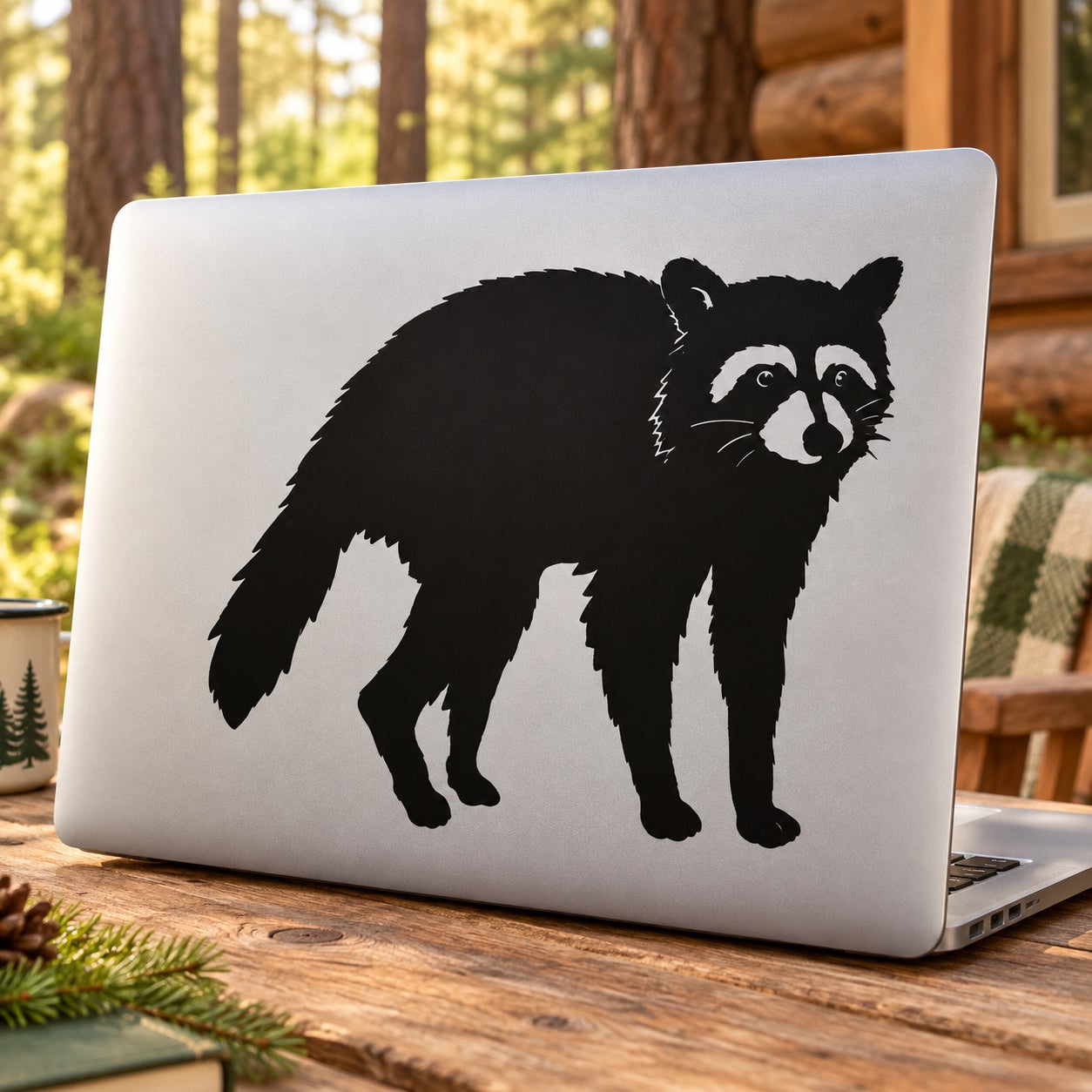 Black raccoon graphic decal on light background