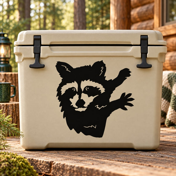 Cream cooler with black raccoon looking over decal