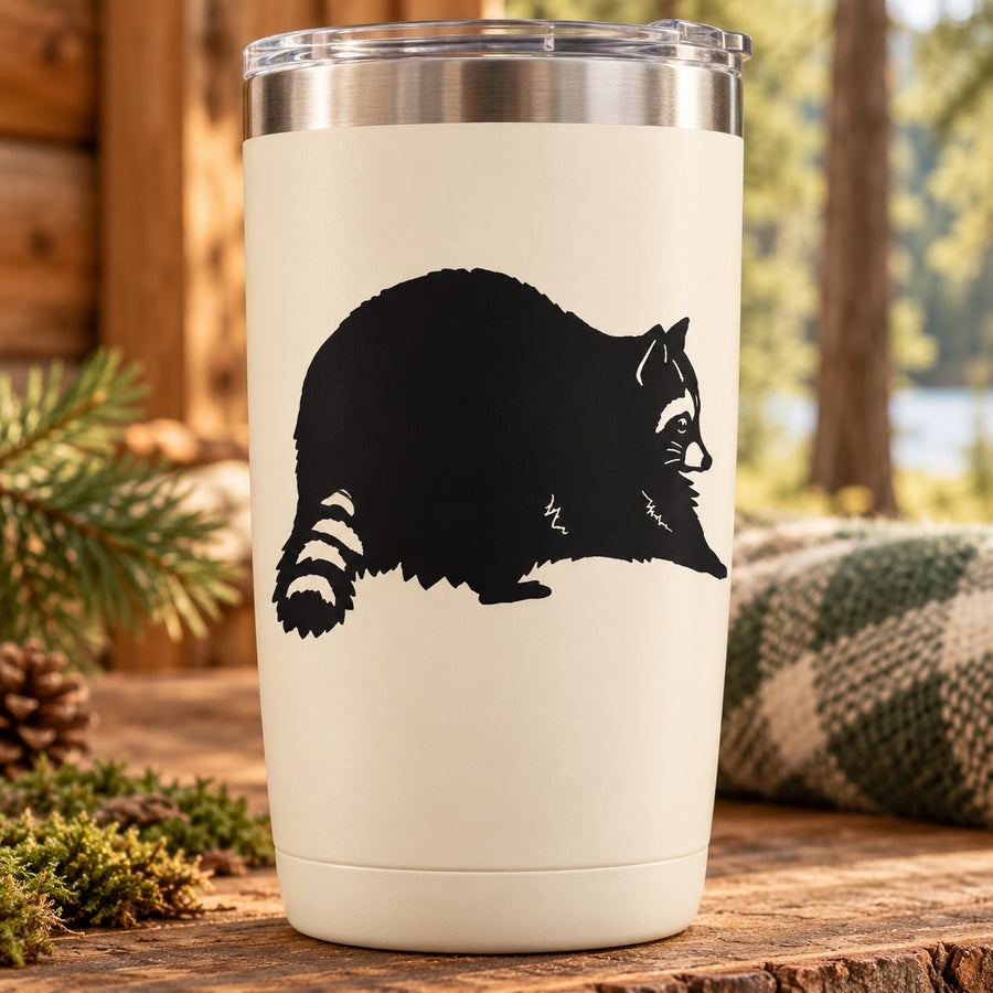 Raccoon decal with startled face on cream tumbler