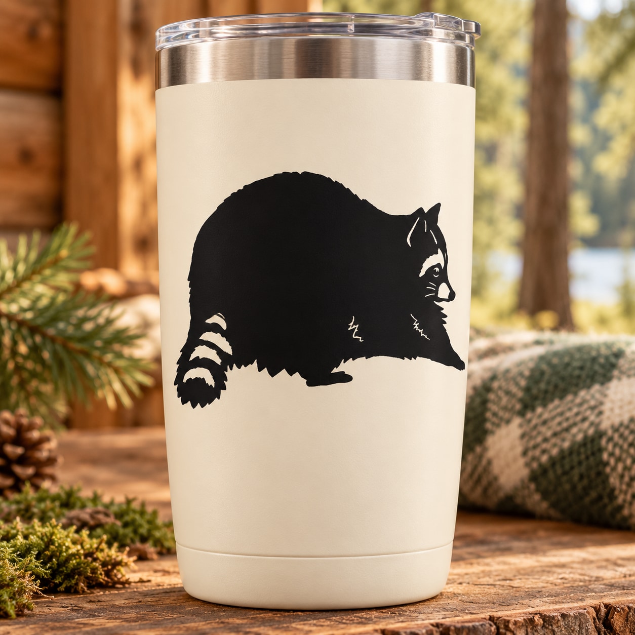 Raccoon decal with startled face on cream tumbler