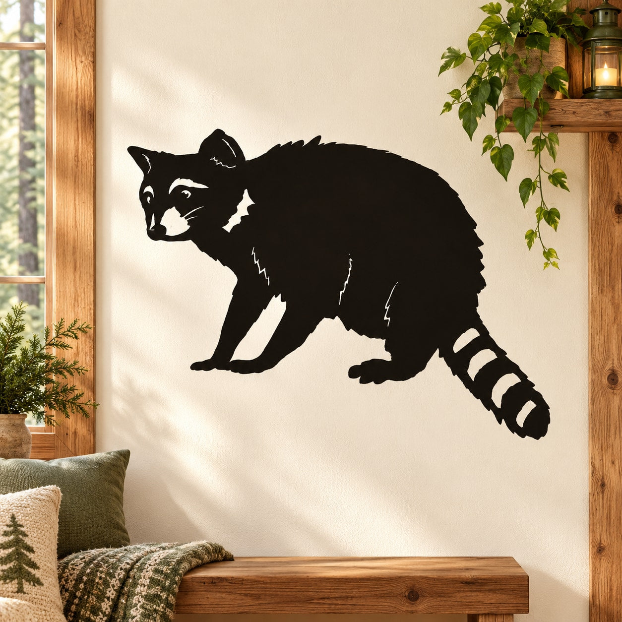 Raccoon sitting wall decal with black design