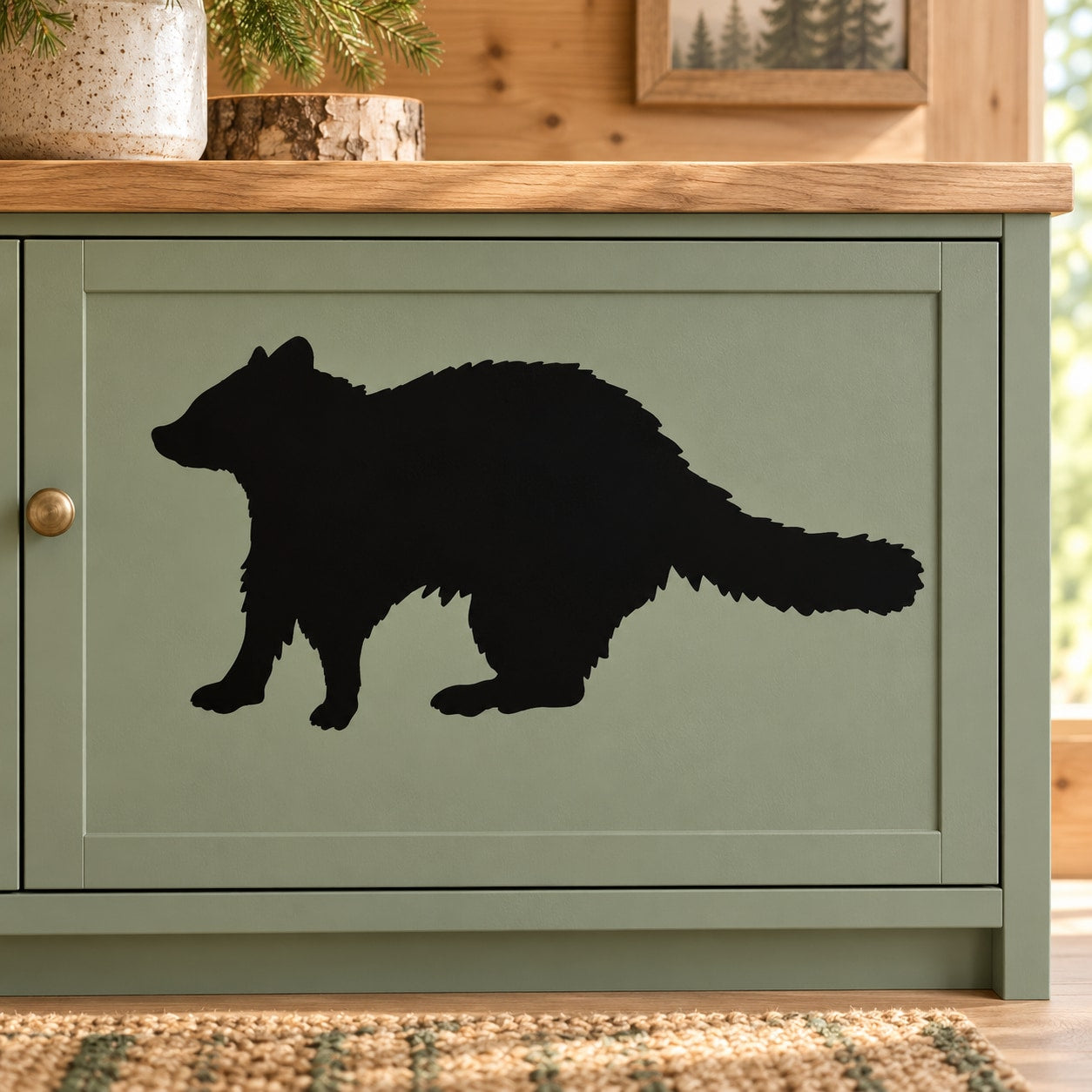 Standing raccoon wall decal in solid black silhouette