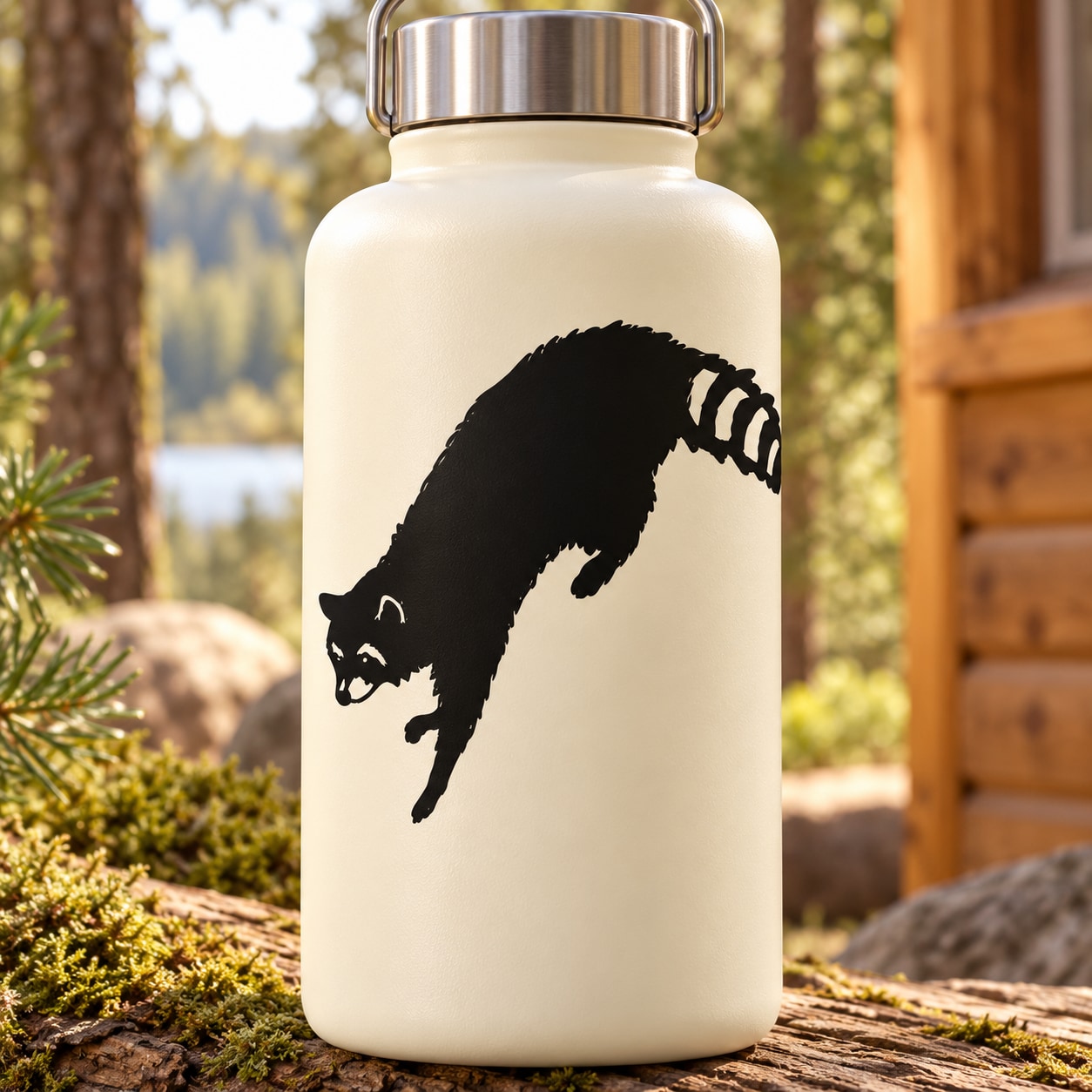 White bottle with black raccoon climbing over decal on front