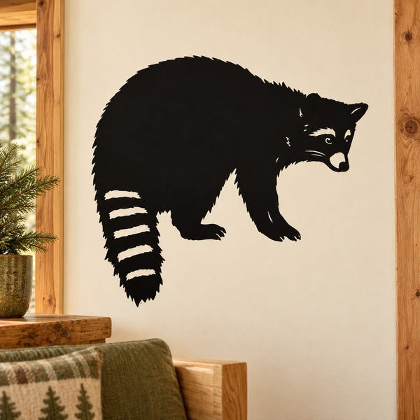 Raccoon turning wall decal with black fur silhouette and white stripe details
