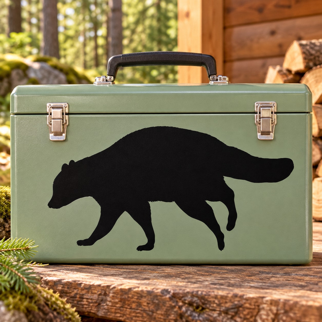 Raccoon darting decal with black silhouette on green metal case
