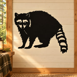 Black raccoon directly staring wall decal with raised striped tail