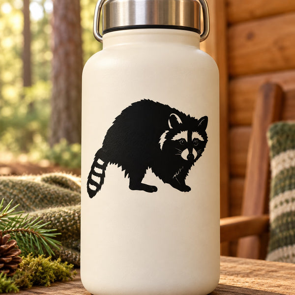 Curled raccoon decal in black and white, featuring a side-facing raccoon silhouette