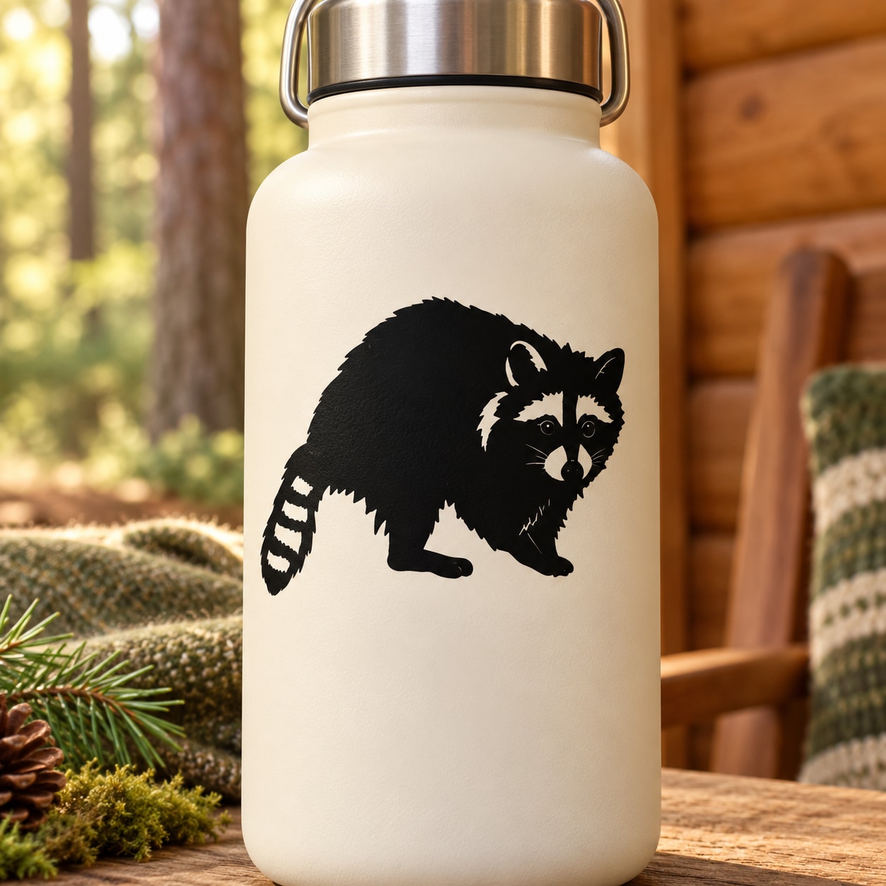 Curled raccoon decal in black and white, featuring a side-facing raccoon silhouette