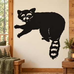 Black raccoon wall decal, crouching raccoon silhouette with striped tail