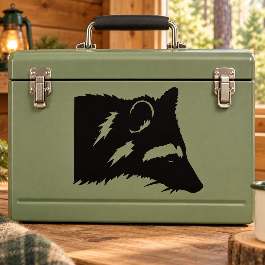 Raccoon head decal, black silhouette on olive green rectangular surface