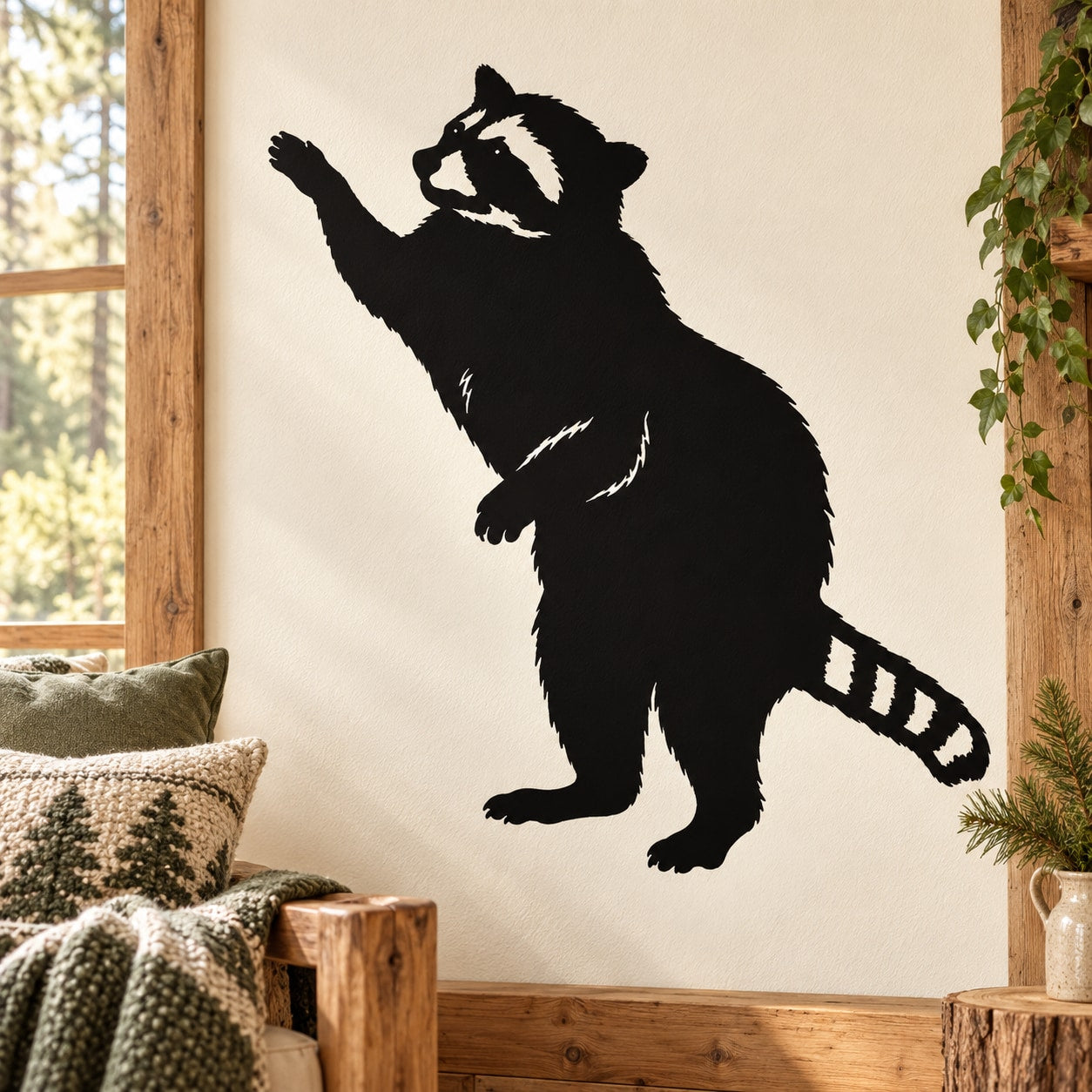 Black raccoon on hind legs reaching wall decal