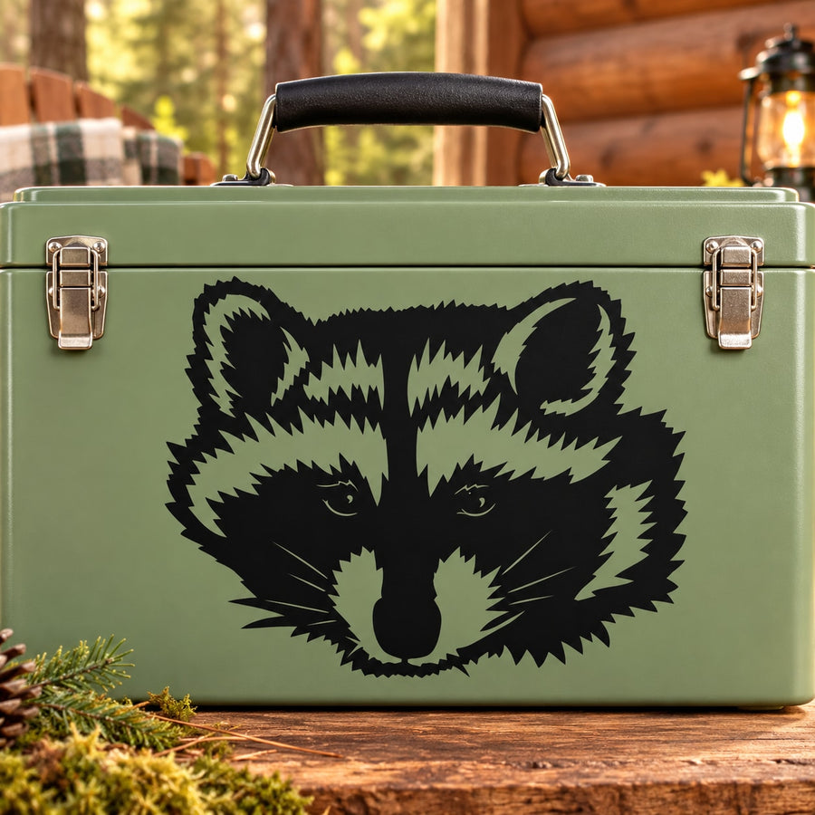 Fuzzy raccoon head decal with black fur and green highlights