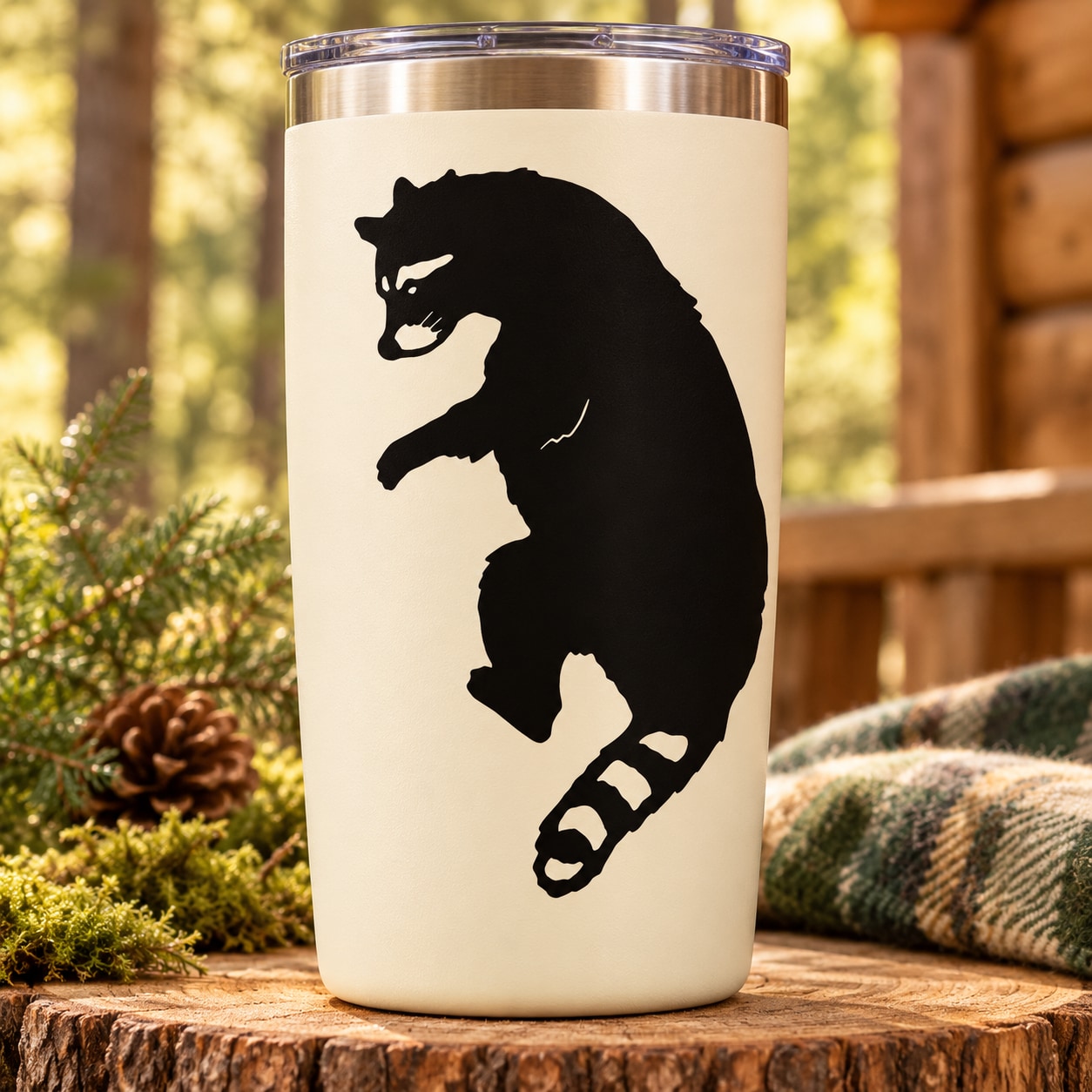 White tumbler with black climbing raccoon decal, looking over