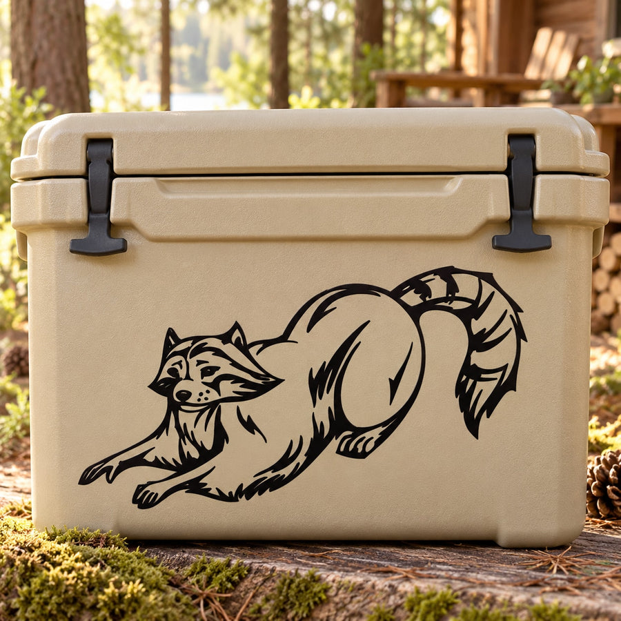 Stretching raccoon vinyl decal sticker with black line art on a light surface