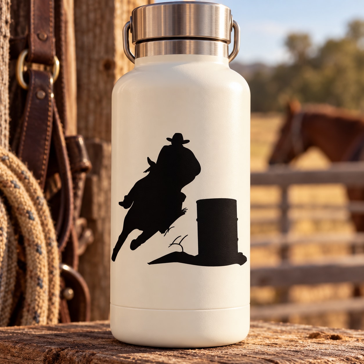 Black race barrel horse silhouette decal on white water bottle
