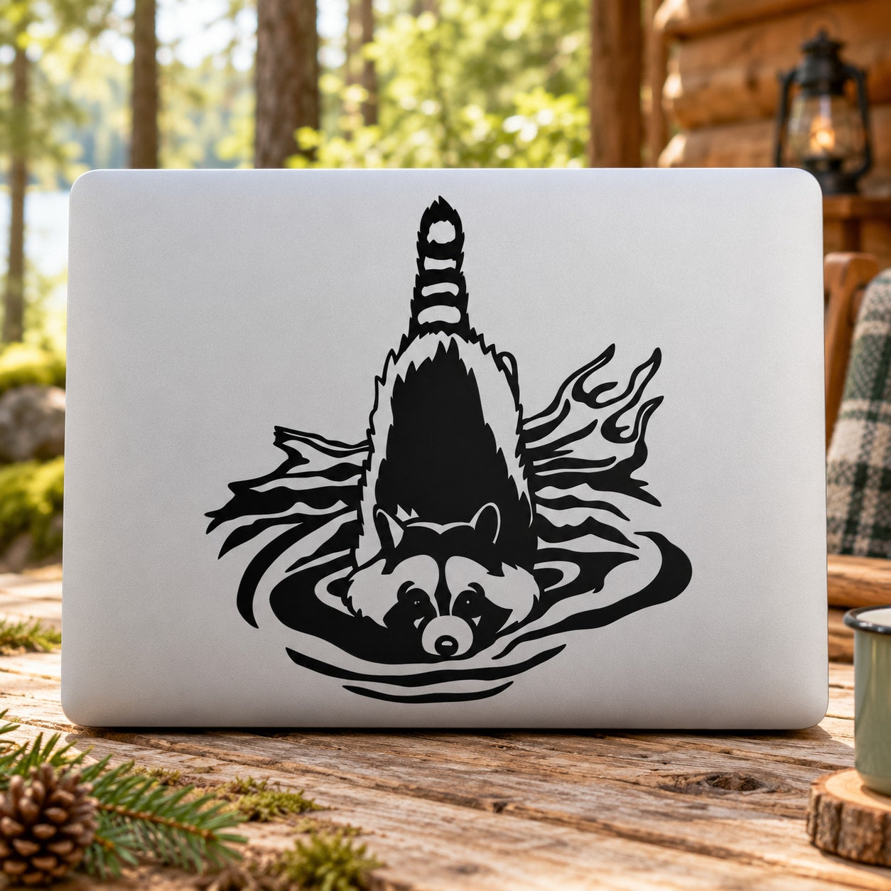 Black swimming raccoon decal with water splash design