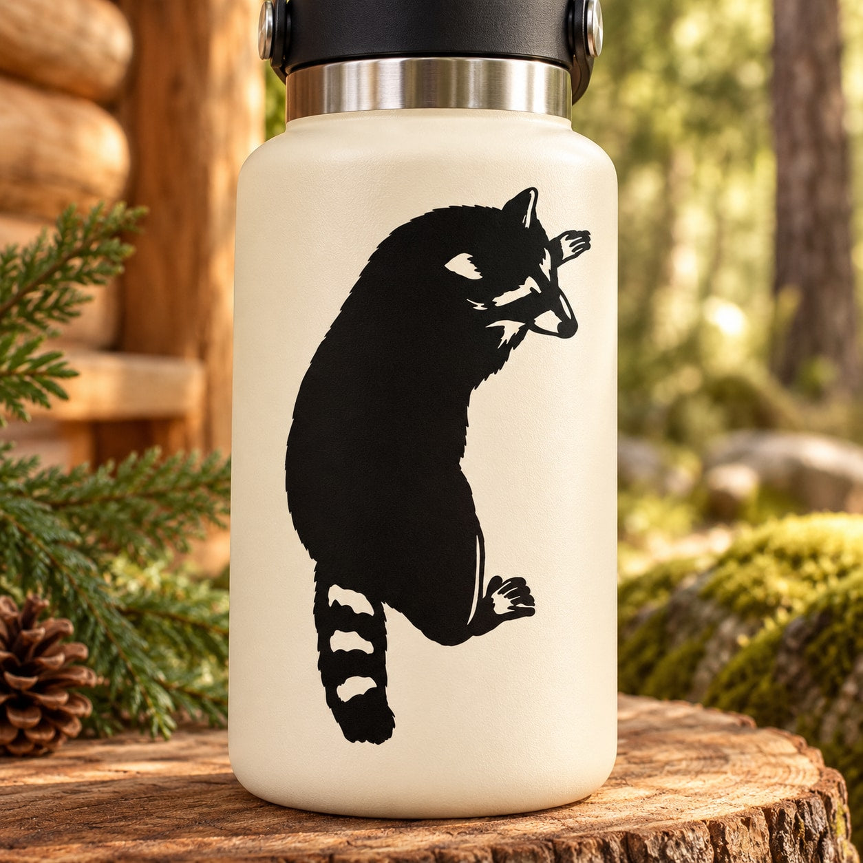 Reusable bottle with black raccoon climbing decal
