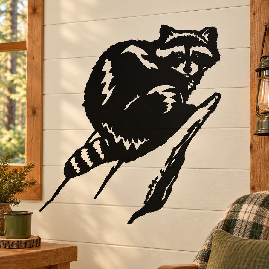 Raccoon sitting on edge wall decal, black and white illustration