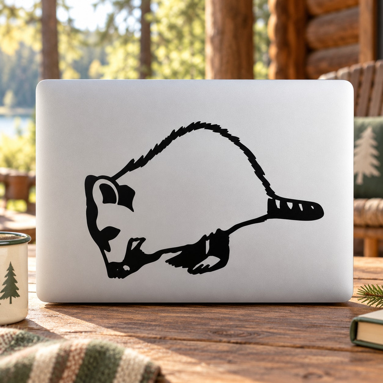 Black raccoon eating decal sticker on white laptop lid