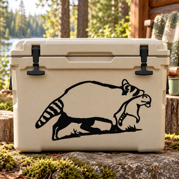 Raccoon carrying kit decal, black raccoon graphic on beige box