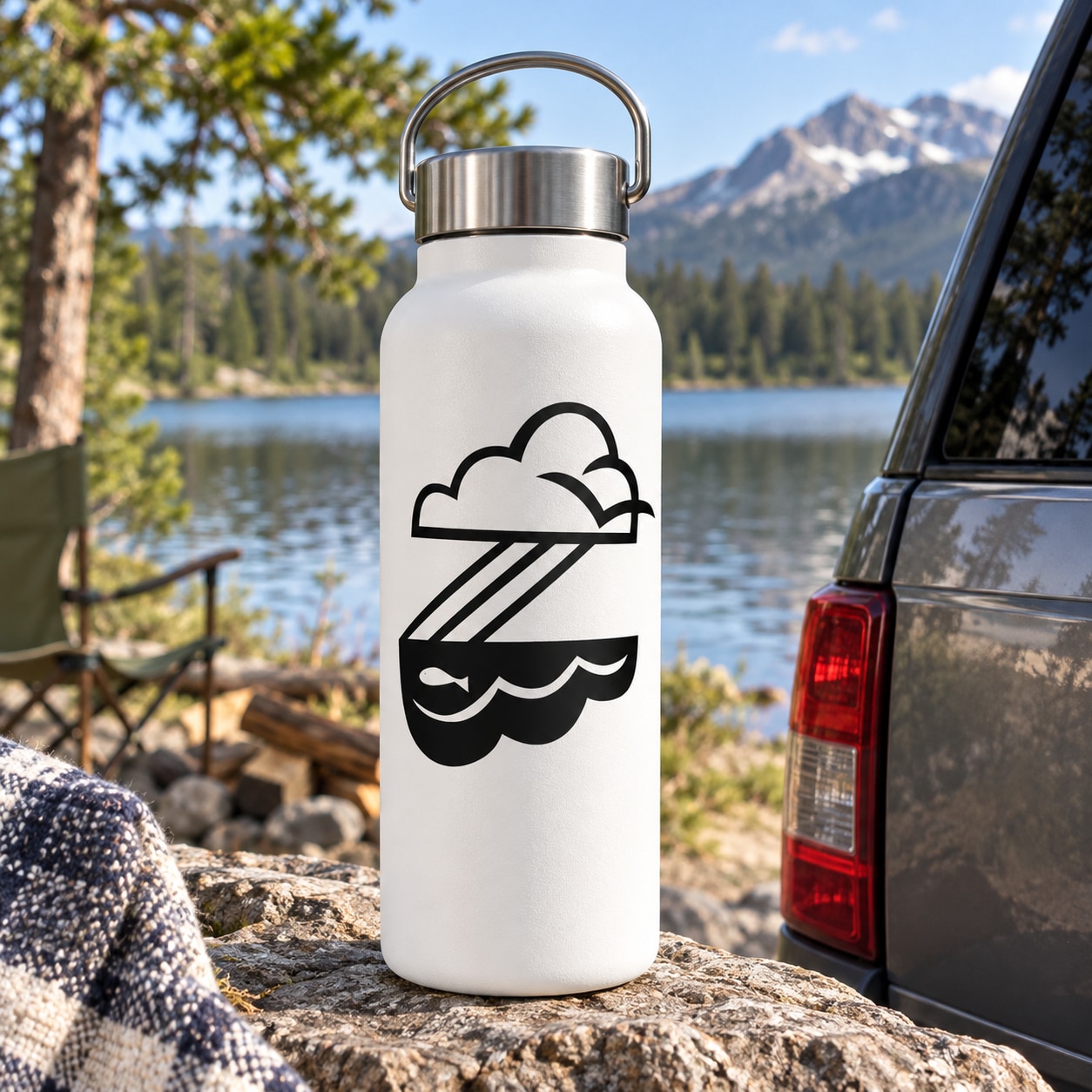 Cloud and rain vinyl decal graphic on white water bottle