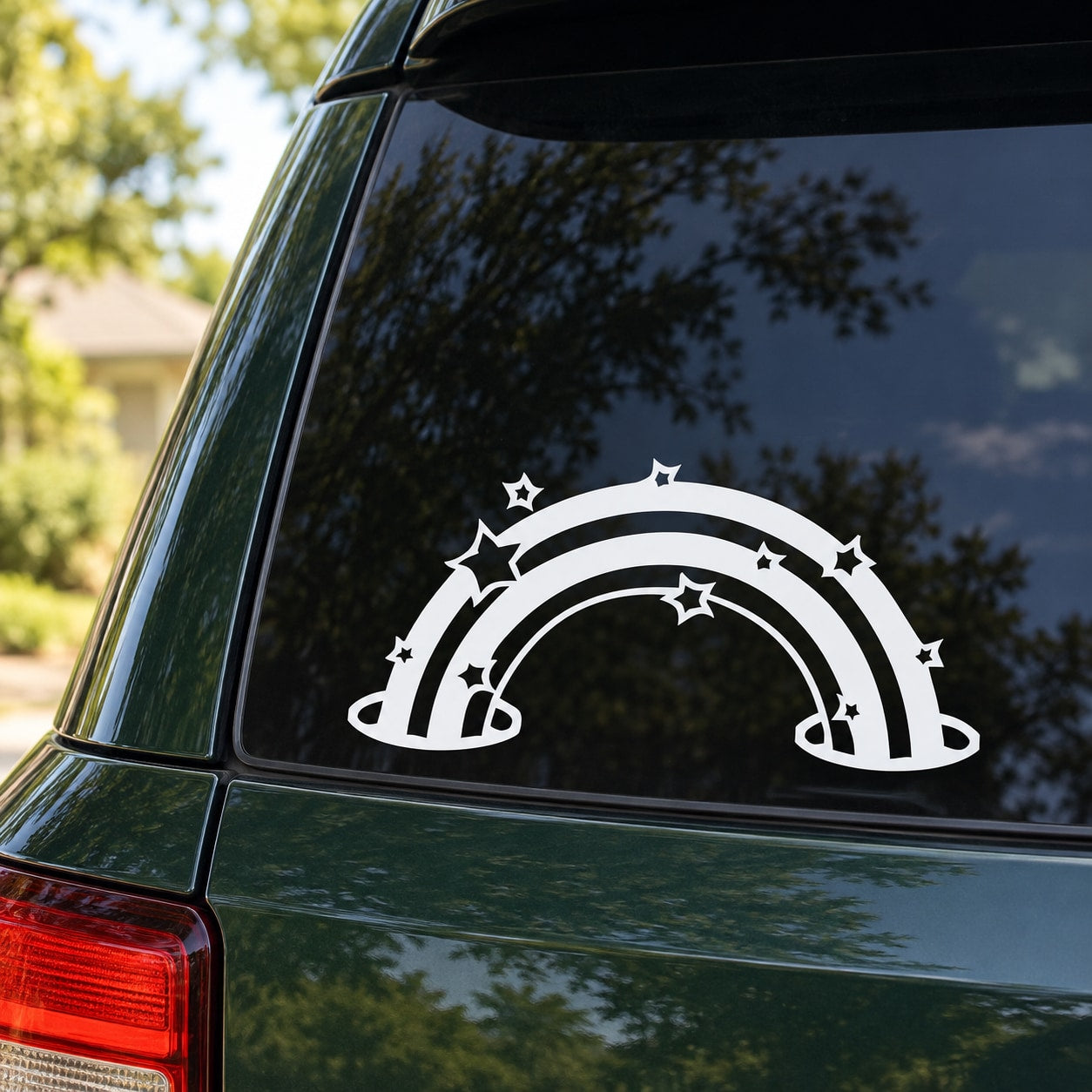 White rainbow decal with stars for car window
