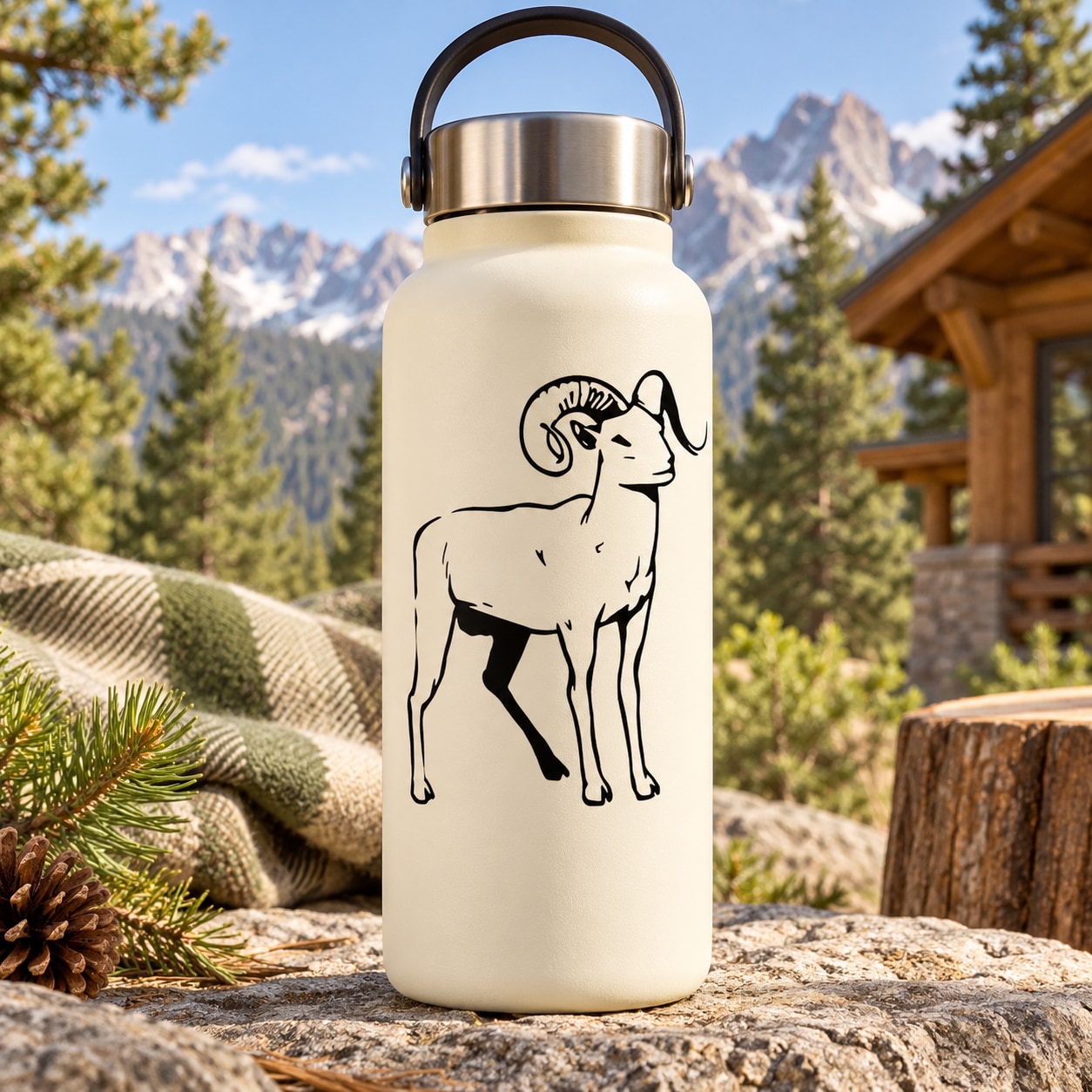 Ram decal graphic on cream insulated water bottle with black outline
