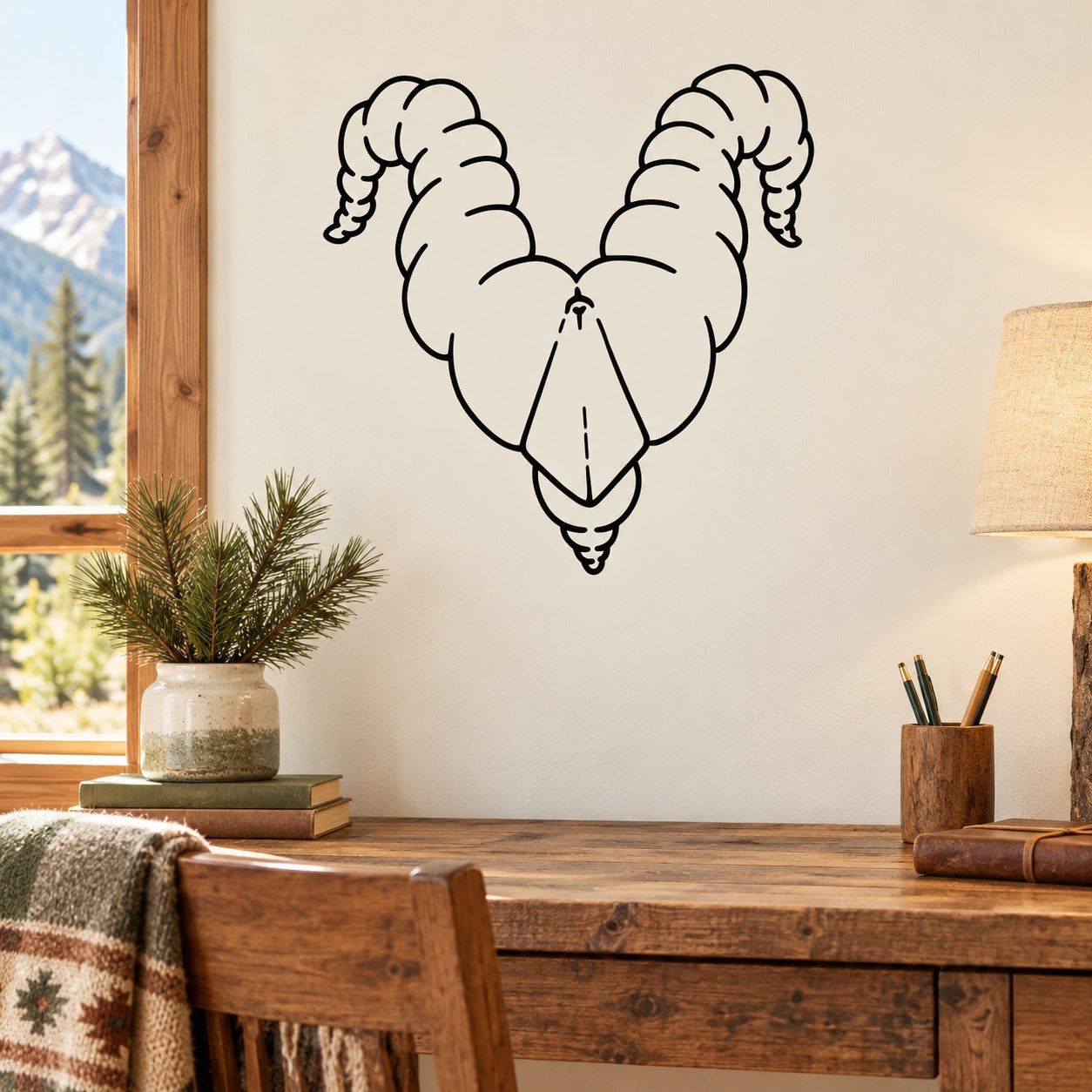 V-shaped ram horn wall decal with black outline, symmetrical horns and center mask