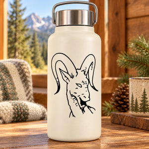 Hissing ram head decal in black line art, applied on a white water bottle