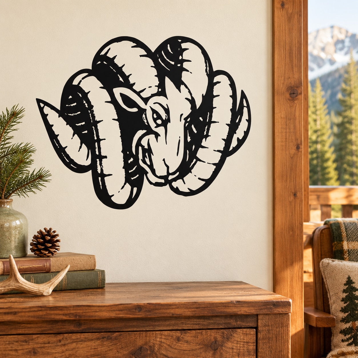 Black ram head and curled horns wall decal