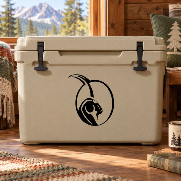 Black ram head emblem decal in circle outline on a light cooler