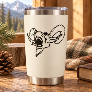 Ram yelling head decal on white tumbler, black line art