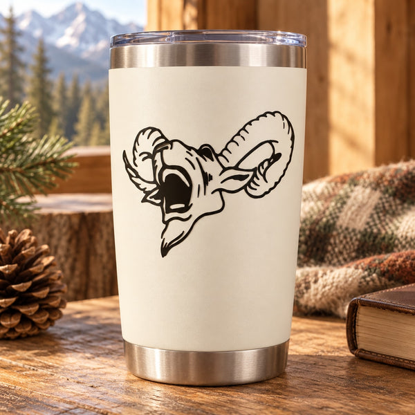 Ram yelling head decal on white tumbler, black line art