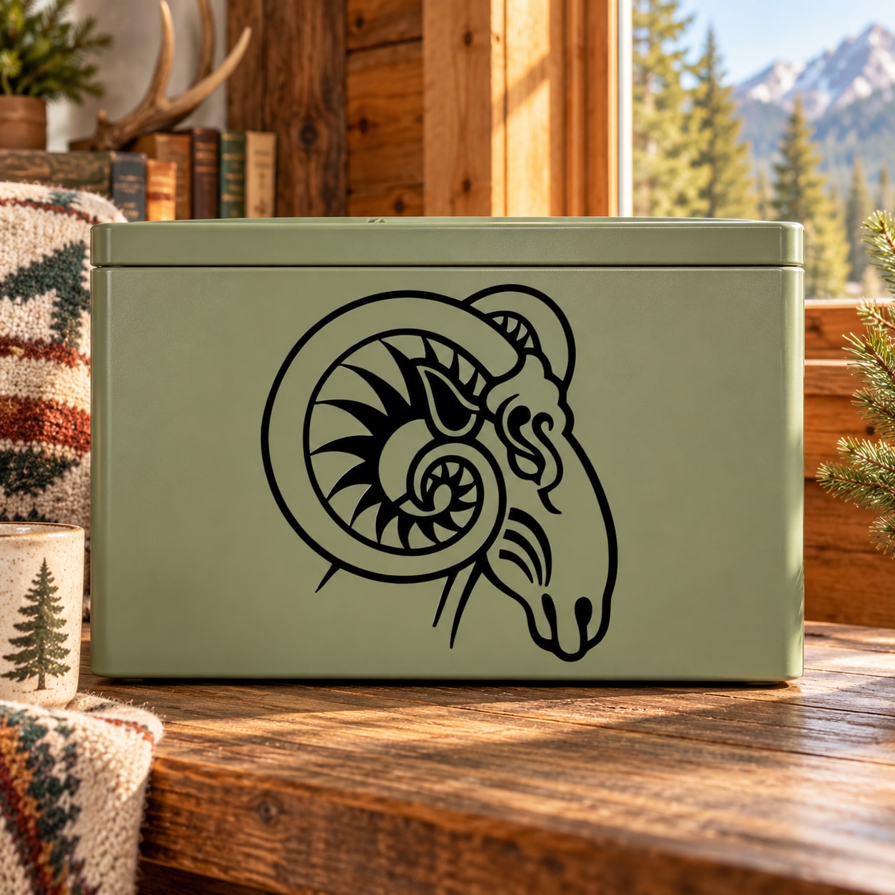 Ram head decal with circular horned outline on dark green surface