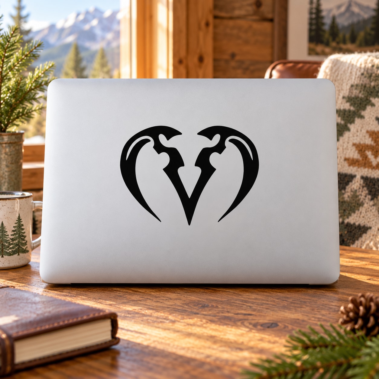 Black sharp ram horns decal with V-shaped emblem