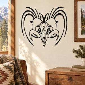 Ram skull wall decal in black with bold swirl and ornamental detailing