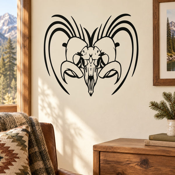 Ram skull wall decal in black with bold swirl and ornamental detailing