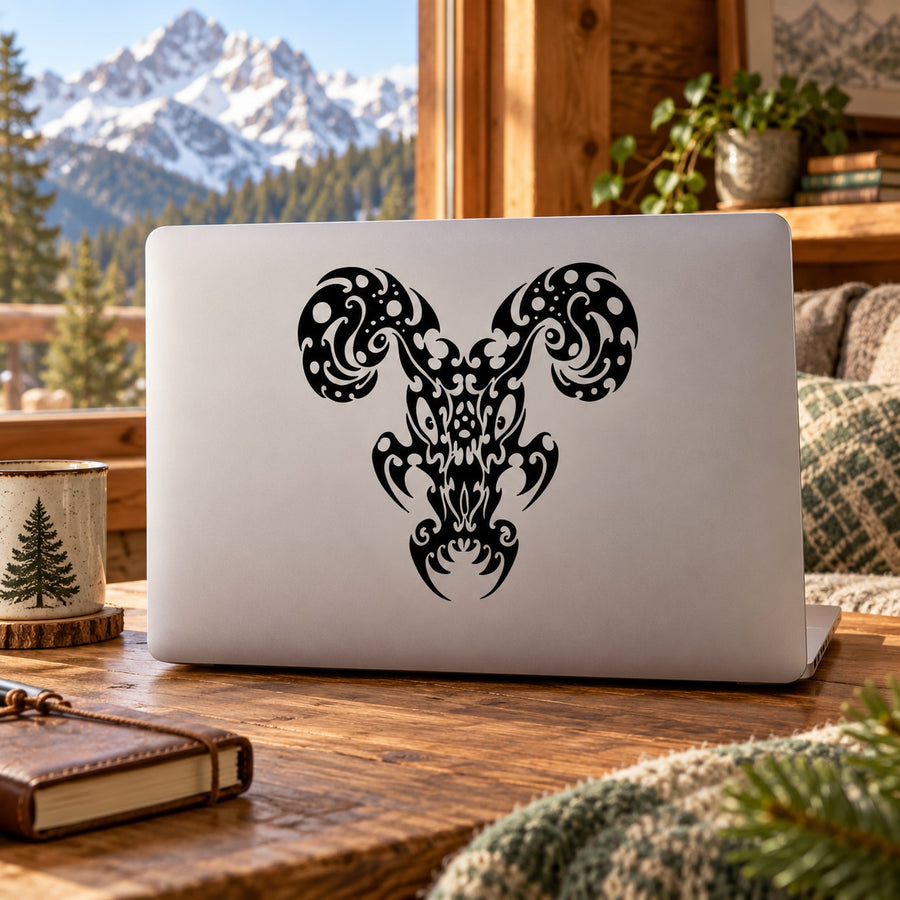 Black ornate ram head decal with curling floral detail accents