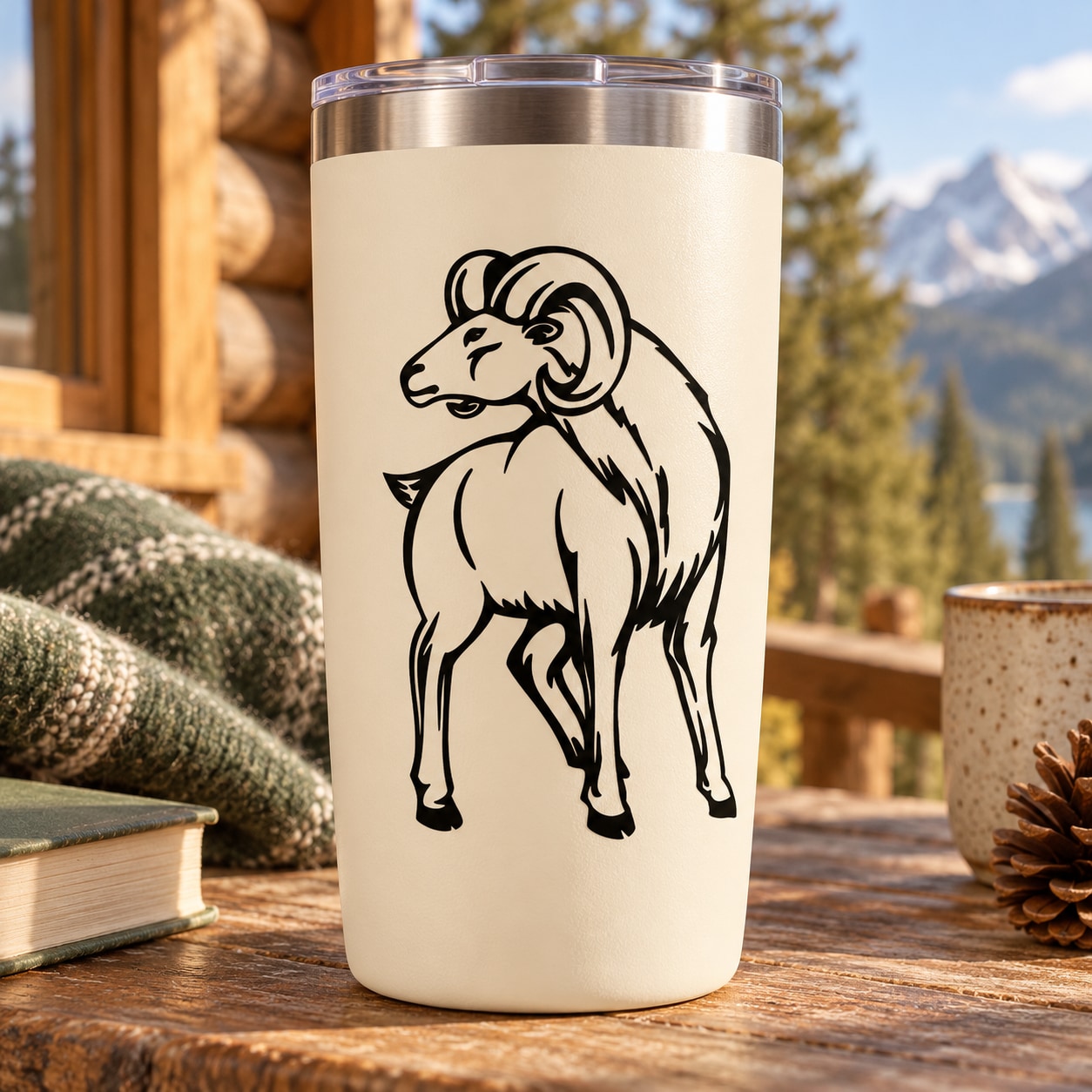 Tumbler with black turning-head ram decal, vinyl-style graphic on light beige cup
