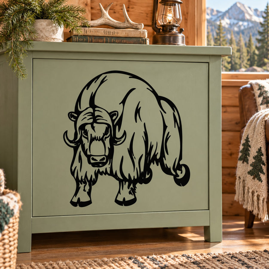 Bucking sheep graphic decal with black outline, stylized charging animal
